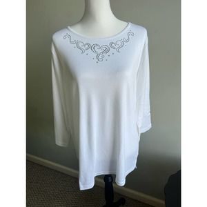 Quacker Factory White Womens Top Jeweled hearts on Neck Knit Tee Sz L